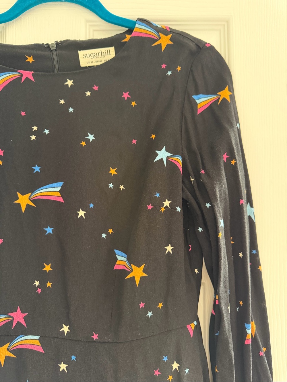 Modcloth Black Long-Sleeve Shooting Star Print Dress - whimsical celestial print - Picture 3 of 3